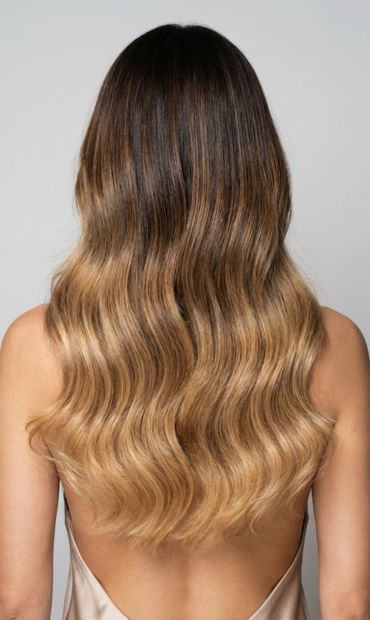 Cabello largo ondulado con mechas balayage, degradado de marrón oscuro a rubio claro