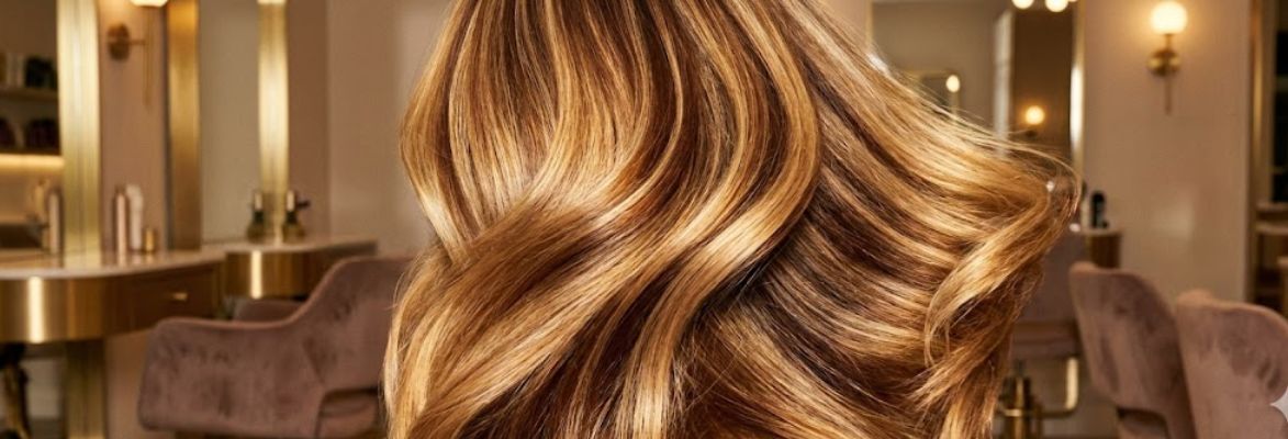 Cabello rubio con ondas brillantes en un salón de belleza elegante.