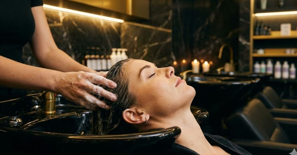 Mujer recibiendo un lavado de cabello relajante en un lujoso salón de belleza, con velas y productos de cuidado capilar.