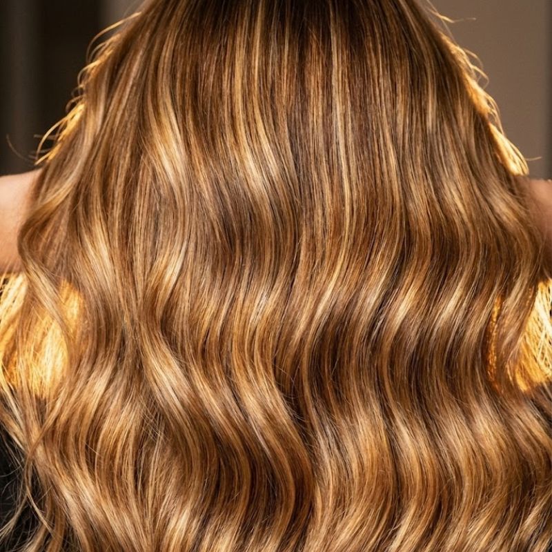 Cabello largo y ondulado con reflejos dorados en luz natural