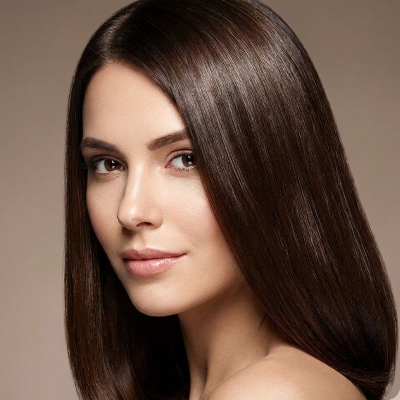Retrato de una mujer con cabello lacio y brillante, mostrando belleza natural