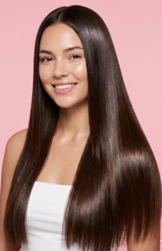 Mujer joven con cabello largo, liso y brillante, sonriendo en fondo rosa.