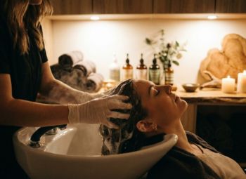 Mujer disfrutando de un relajante lavado de cabello en un spa con ambiente acogedor y velas aromáticas.