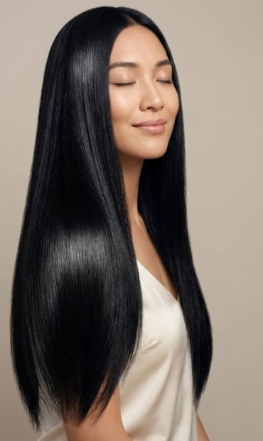 Mujer con cabello largo, liso y brillante, sonríe con los ojos cerrados